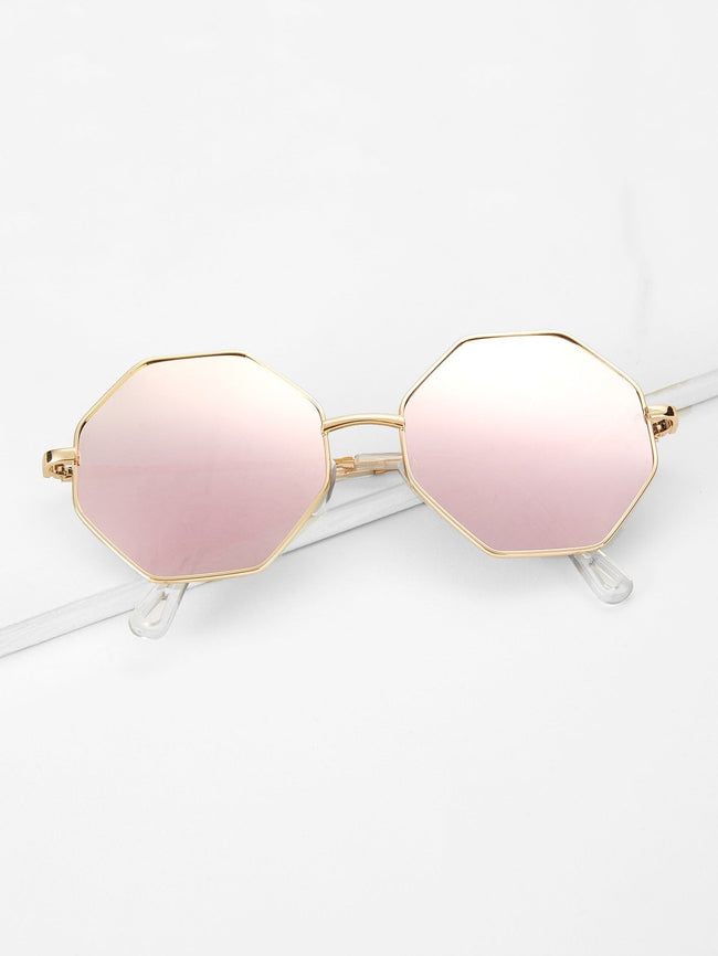 Pink Mirror Metal Frame Polygon Sunglasses