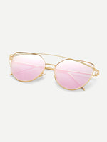 Gold Metal Frame Double Bridge Pink Lens Sunglasses