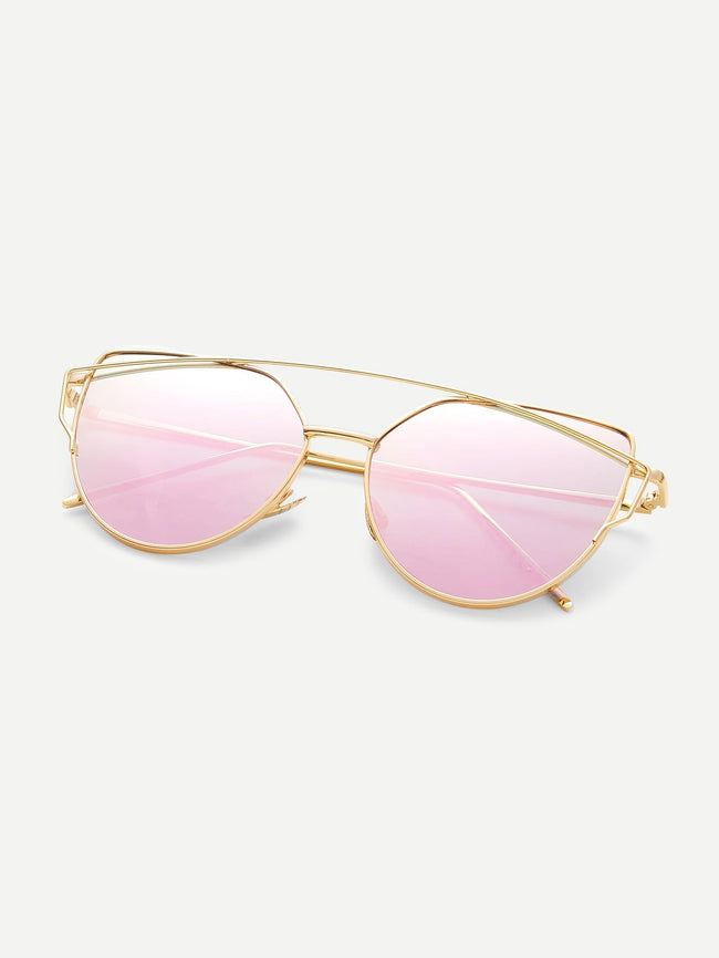 Gold Metal Frame Double Bridge Pink Lens Sunglasses