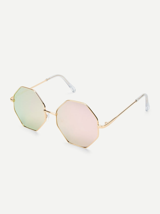 Pink Mirror Metal Frame Polygon Sunglasses